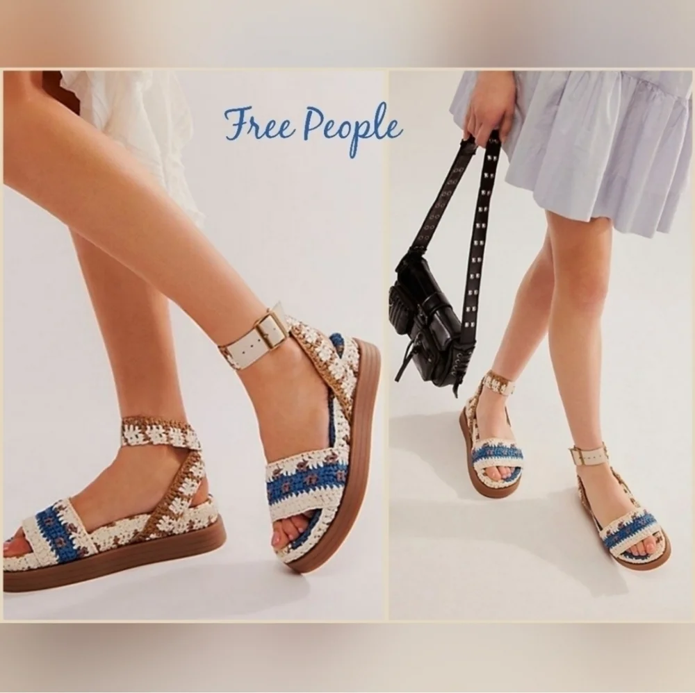 NIB Free People Boho Roma Raffia Sandals Platform Blue Cream Size 6 - Picture 3 of 16